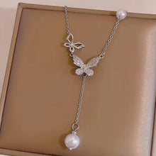 Perle Schmetterling Anhänger Halskette Kristall Schleife Halskette Kette Boho Strass Schleife-Knoten Perlen Schmuck Für Frauen Mädchen (Silber A)