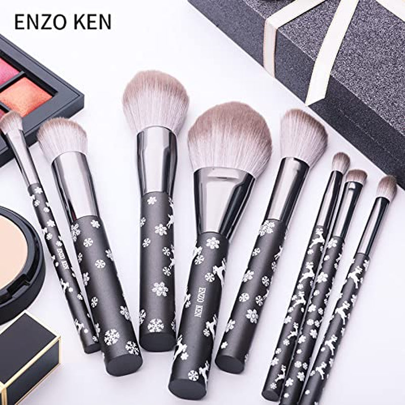 Natürliches Ziegenhaar Make-Up Pinsel Set Mit Kosmetiktasche, 10 Stück Extra Weiches Haar Lidschatten Pinsel Set Für Gesicht, Augen, Schneeflocke Rentier Weihnachten Geschenk Set.