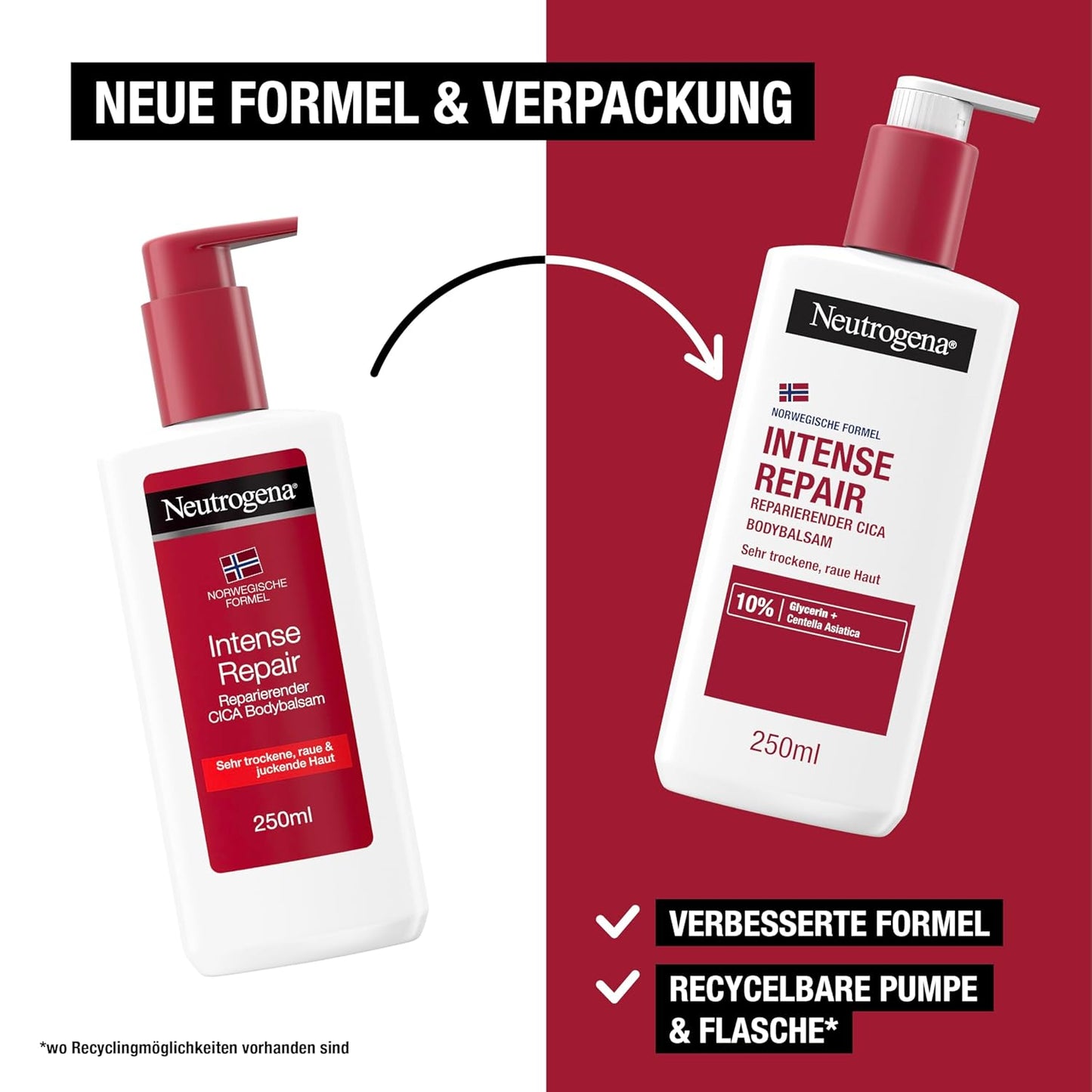 Neutrogena Norwegische Formel Intense Repair Reparierender CICA Bodybalsam 250 Ml Körperlotion Für Eine Sofortige Linderung Und Mehr Feuchtigkeit Bei Sehr Trockener, Rauer Haut