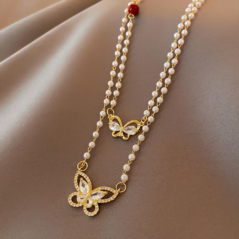 Layered Pearl & Butterfly Pendant - Elegant French Aesthetic Jewelry