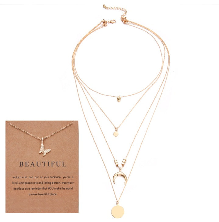 Boho Multi-Layer Moon Necklace - Elegant Gold Wafer Pendant for Women