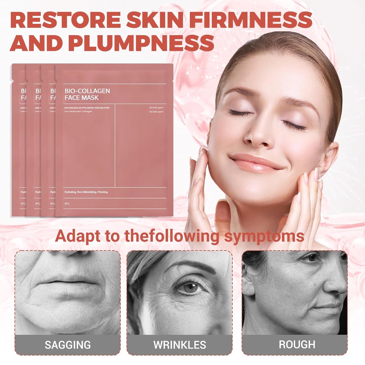 Bio Collagen Mask Korean, Koreanische Gesichtsmaske, Glass Skin Mask, Overnight Collagen, Feuchtigkeitsmaske Gesicht, Feuchtigkeitsspendend, Lifting Und Anti-Aging, 4 Stück