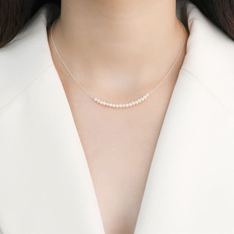 Genuine Freshwater Pearl Necklace - Dainty Sterling Silver Clavicle Chain