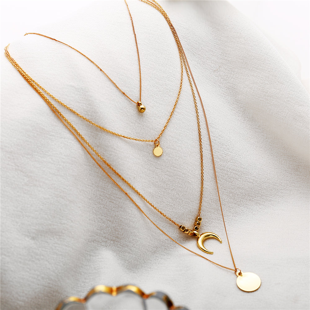 Boho Multi-Layer Moon Necklace - Elegant Gold Wafer Pendant for Women
