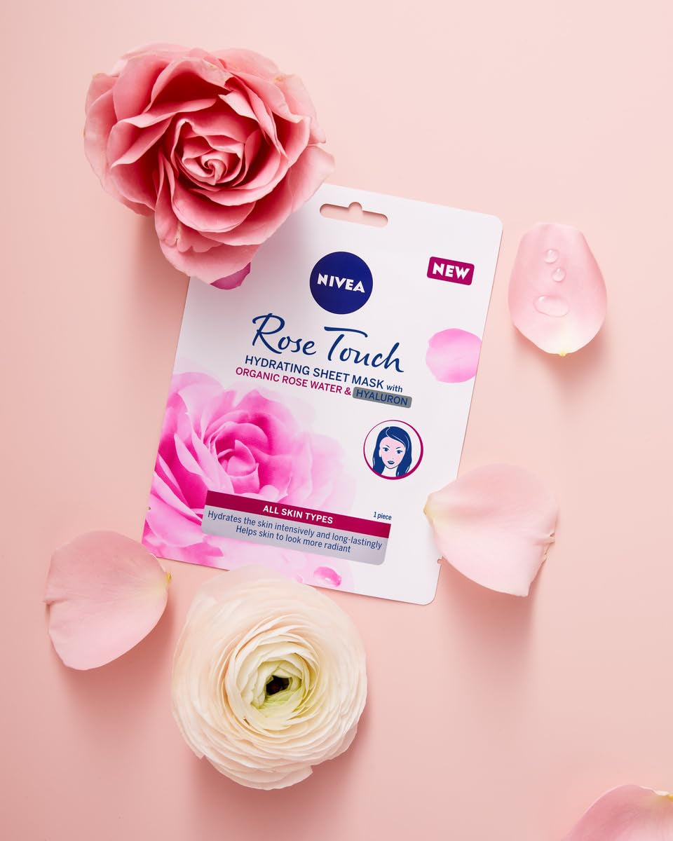 NIVEA Rose Touch Feuchtigkeitsspendende Tuchmaske (1. St.), Gesichtsmaske Für Intensive, Langanhaltende Feuchtigkeit, Feuchtigkeitsmaske Mit Bio Rosenwasser Und Hyaluron (Packung Mit 5)