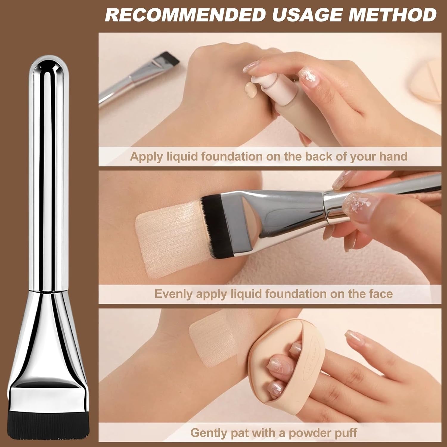 3-Teiliges Concealer Pinsel Set, Ultra-Dünne Foundation-Pinsel, Silber, Synthetisch, Kunsthaar, Make-Up-Set, Makeup Brush