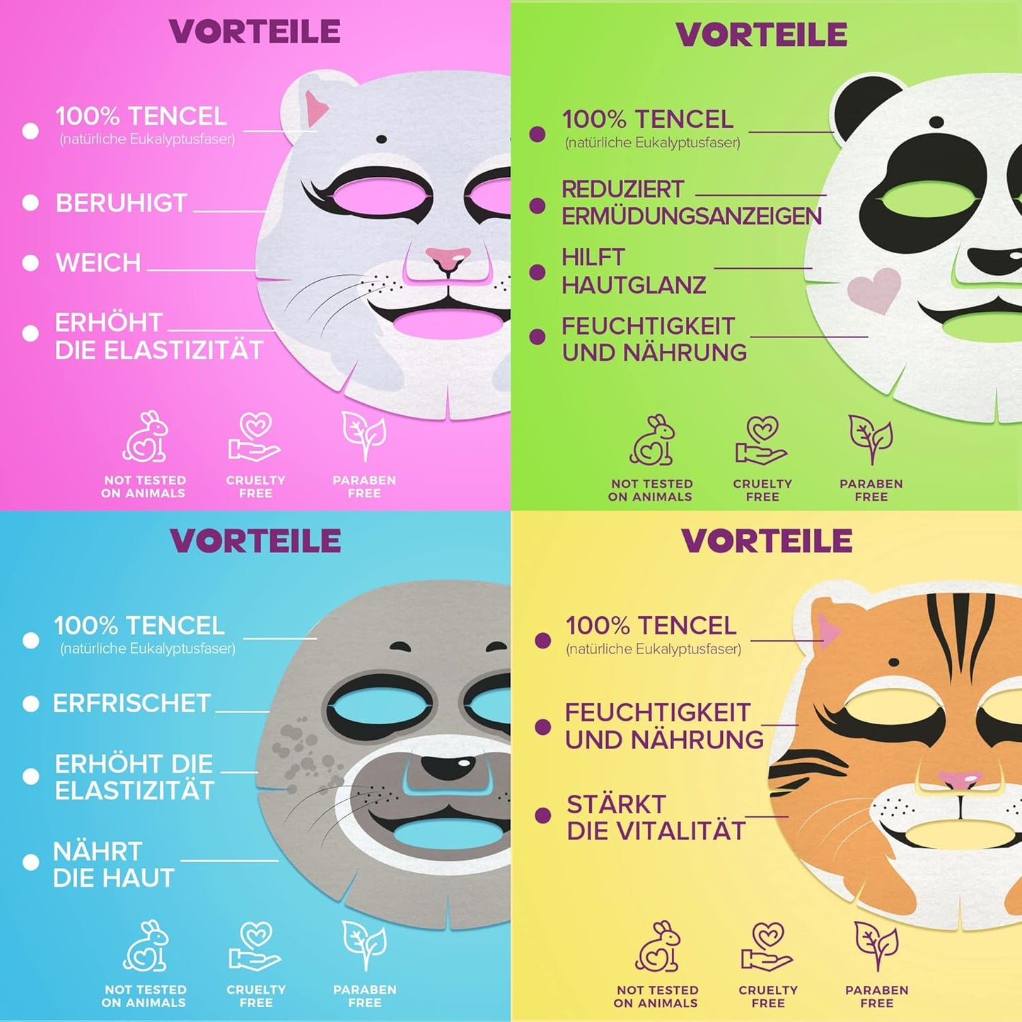 7Days Tuchmasken Gesicht Set Animal Mit Feuchtigkeitsspendend Und Anti-Falten-Wirkung Natürlichen Extrakten Und Vitaminen Beauty Gesichtsmaske Frauen Männer Mädchen Für Korean Skincare 4 Stück