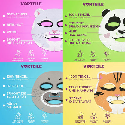 7Days Tuchmasken Gesicht Set Animal Mit Feuchtigkeitsspendend Und Anti-Falten-Wirkung Natürlichen Extrakten Und Vitaminen Beauty Gesichtsmaske Frauen Männer Mädchen Für Korean Skincare 4 Stück