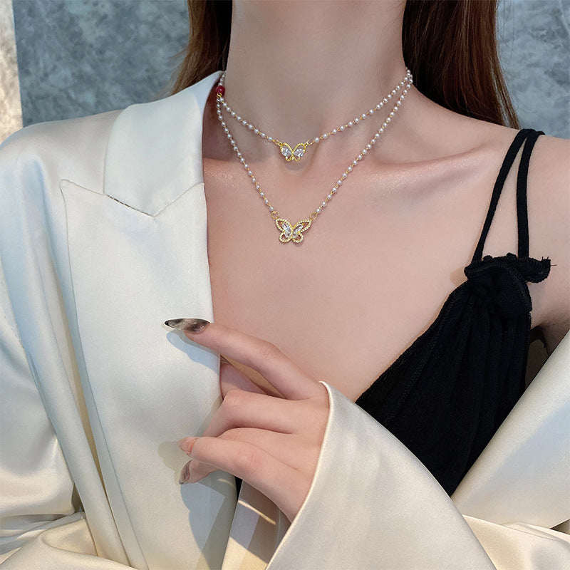 Layered Pearl & Butterfly Pendant - Elegant French Aesthetic Jewelry