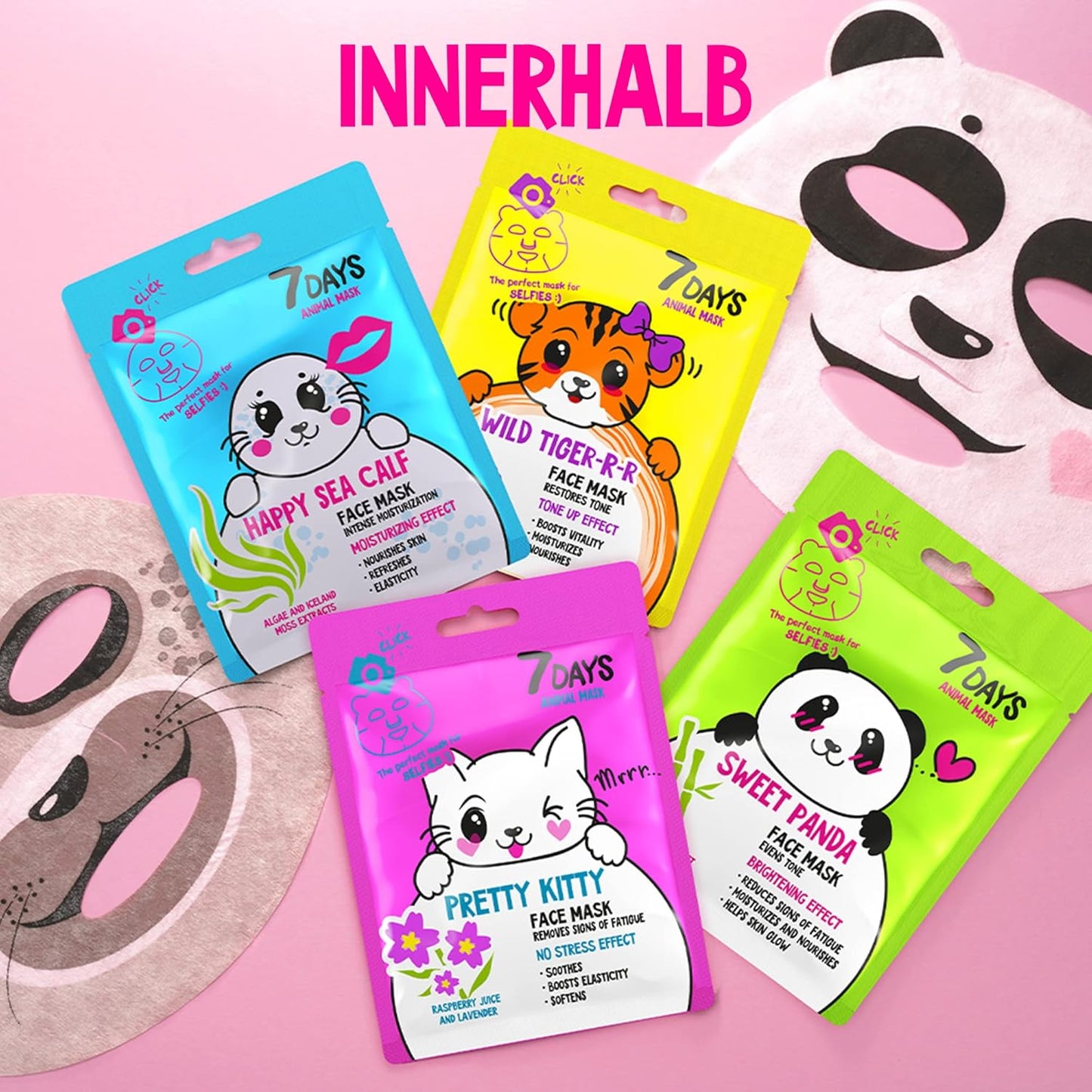 7Days Tuchmasken Gesicht Set Animal Mit Feuchtigkeitsspendend Und Anti-Falten-Wirkung Natürlichen Extrakten Und Vitaminen Beauty Gesichtsmaske Frauen Männer Mädchen Für Korean Skincare 4 Stück