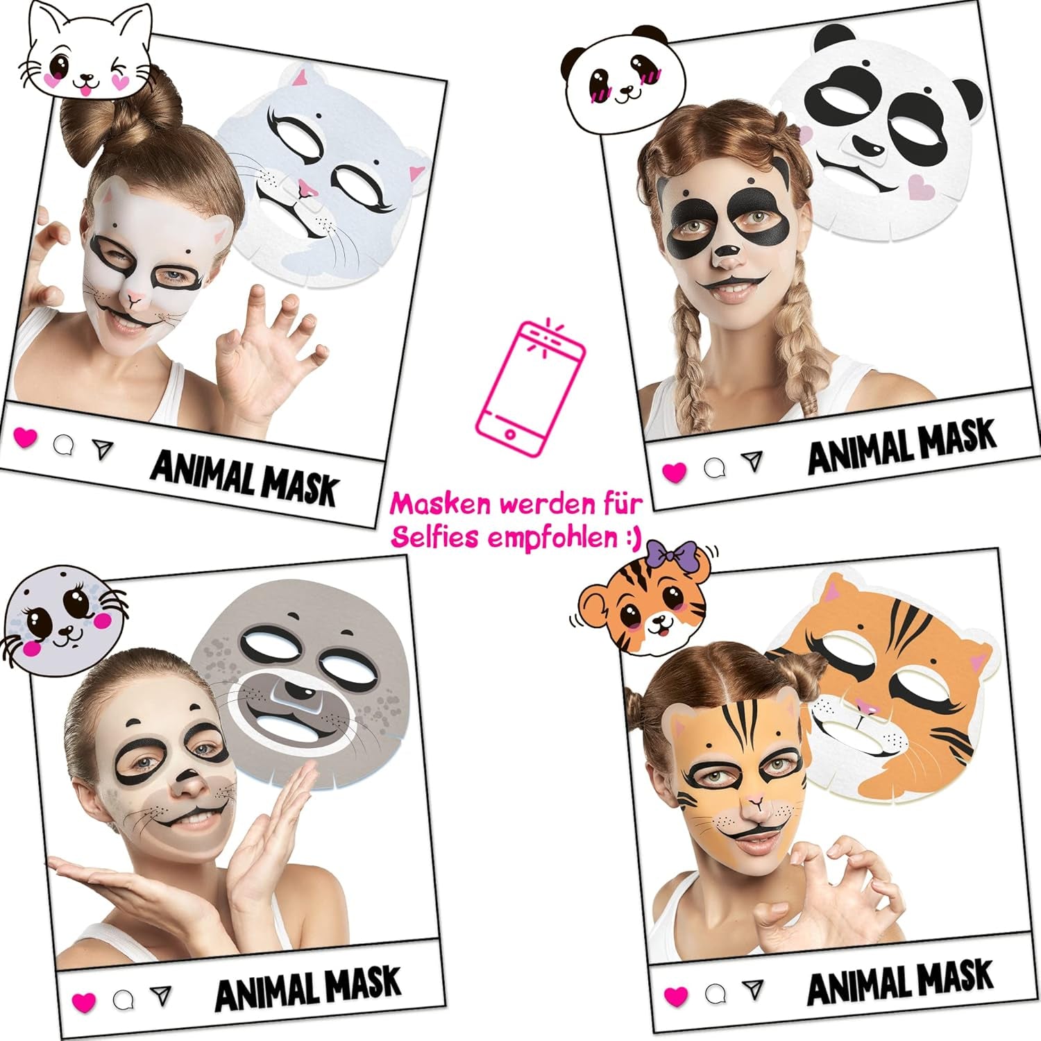 7Days Tuchmasken Gesicht Set Animal Mit Feuchtigkeitsspendend Und Anti-Falten-Wirkung Natürlichen Extrakten Und Vitaminen Beauty Gesichtsmaske Frauen Männer Mädchen Für Korean Skincare 4 Stück