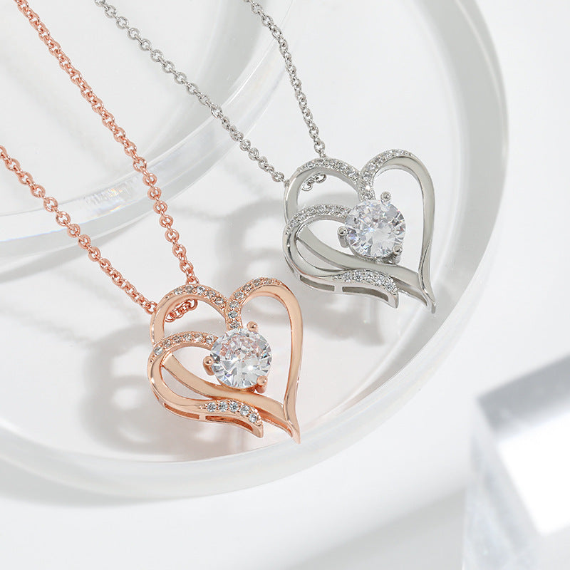 Zircon Double Heart Necklace - Personalized Titanium Jewelry for Women