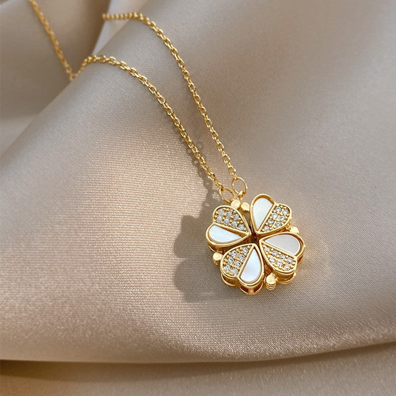 Stainless Steel Clover Necklace - Luxury Crystal Heart Pendant for Women