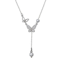 Perle Schmetterling Anhänger Halskette Kristall Schleife Halskette Kette Boho Strass Schleife-Knoten Perlen Schmuck Für Frauen Mädchen (Silber A)