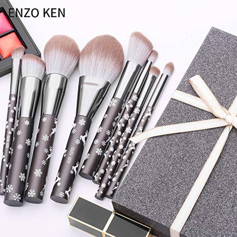 Natürliches Ziegenhaar Make-Up Pinsel Set Mit Kosmetiktasche, 10 Stück Extra Weiches Haar Lidschatten Pinsel Set Für Gesicht, Augen, Schneeflocke Rentier Weihnachten Geschenk Set.