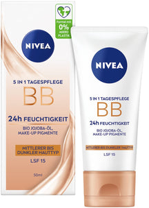 NIVEA 5-in-1 Day Cream BB with 24H Moisture and SPF 15, Tinted Moisturizer for Medium to Dark Skin Types, Featuring Organic Jojoba Oil and Makeup Pigments