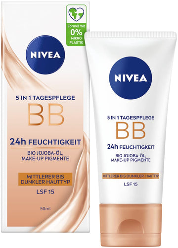 NIVEA 5-in-1 Day Cream BB with 24H Moisture and SPF 15, Tinted Moisturizer for Medium to Dark Skin Types, Featuring Organic Jojoba Oil and Makeup Pigments