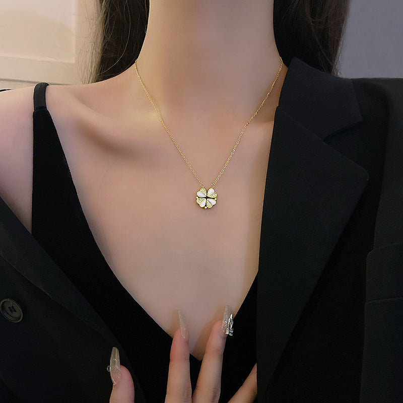 Stainless Steel Clover Necklace - Luxury Crystal Heart Pendant for Women