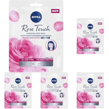NIVEA Rose Touch Feuchtigkeitsspendende Tuchmaske (1. St.), Gesichtsmaske Für Intensive, Langanhaltende Feuchtigkeit, Feuchtigkeitsmaske Mit Bio Rosenwasser Und Hyaluron (Packung Mit 5)