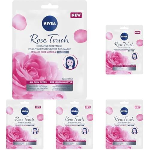 NIVEA Rose Touch Hydrating Facial Mask (1st Application), Intensive Moisturizing Face Mask with Organic Rose Water and Hyaluronic Acid (Pack of 5)