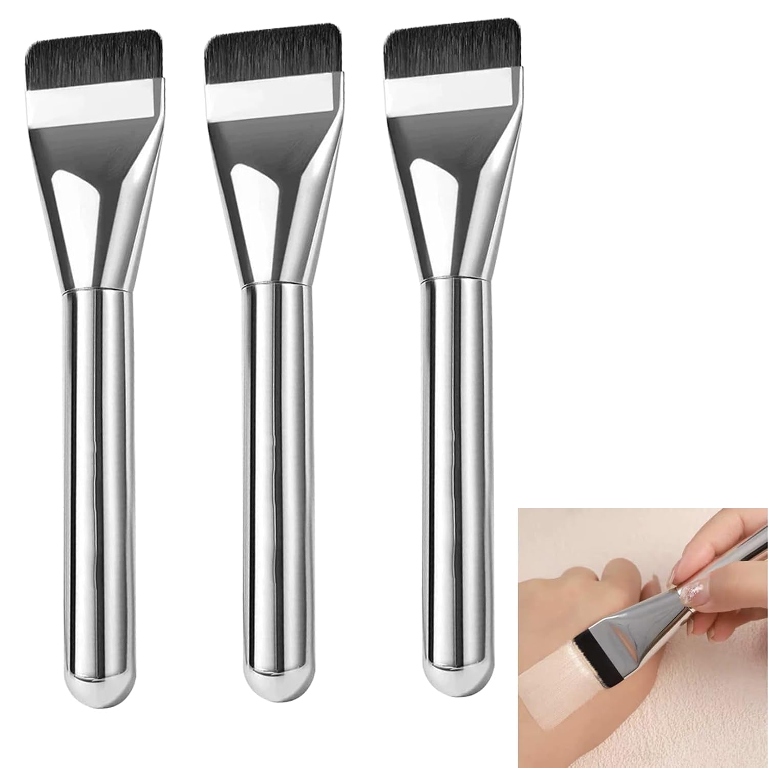 3-Teiliges Concealer Pinsel Set, Ultra-Dünne Foundation-Pinsel, Silber, Synthetisch, Kunsthaar, Make-Up-Set, Makeup Brush