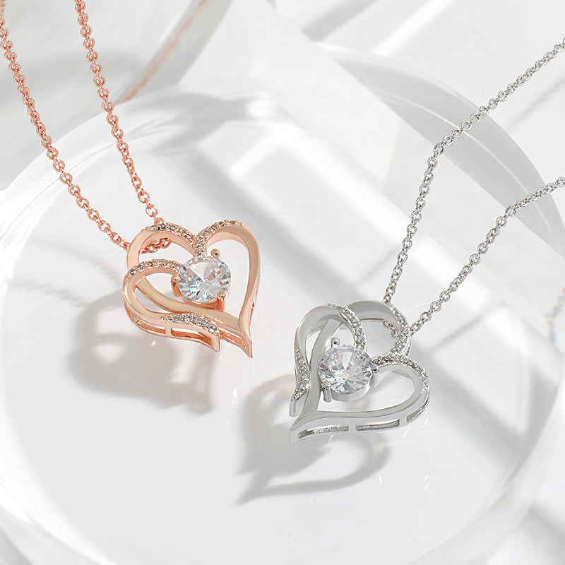 Zircon Double Heart Necklace - Personalized Titanium Jewelry for Women