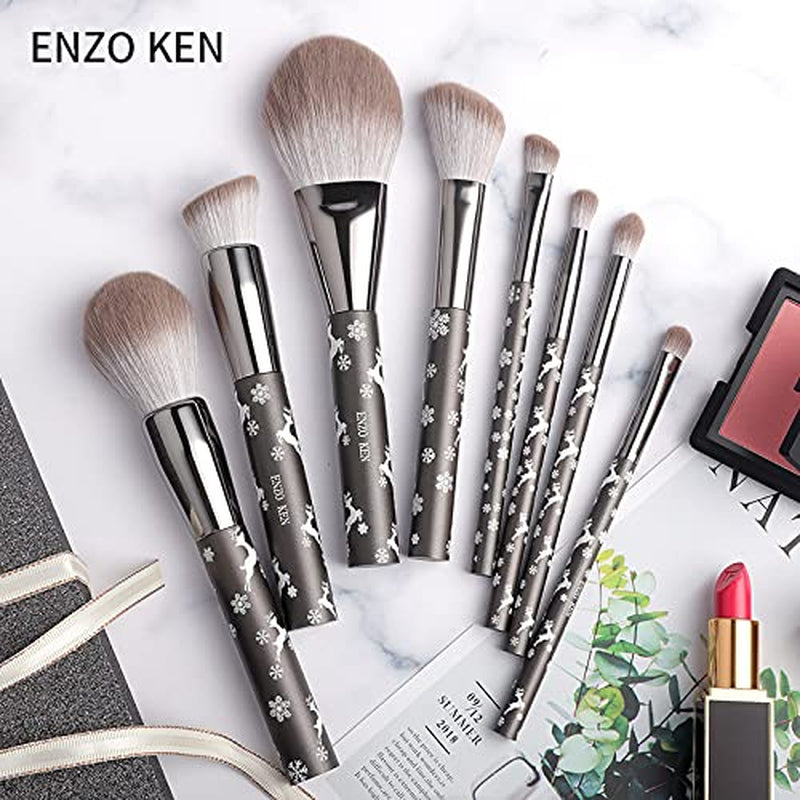 Natürliches Ziegenhaar Make-Up Pinsel Set Mit Kosmetiktasche, 10 Stück Extra Weiches Haar Lidschatten Pinsel Set Für Gesicht, Augen, Schneeflocke Rentier Weihnachten Geschenk Set.