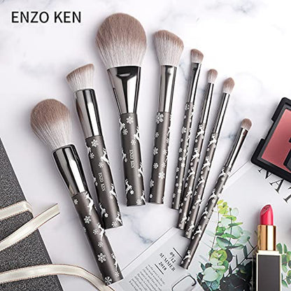 Natürliches Ziegenhaar Make-Up Pinsel Set Mit Kosmetiktasche, 10 Stück Extra Weiches Haar Lidschatten Pinsel Set Für Gesicht, Augen, Schneeflocke Rentier Weihnachten Geschenk Set.
