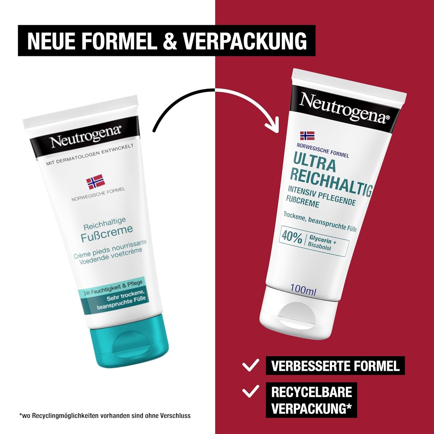 Neutrogena Ultra Reichhaltige Fußcreme, Nicht Fettende Fußpflege Creme Mit 40Prozent Glycerin + Bisabolol, Schnell Einziehende Feuchtigkeitscreme Für Trockene Und Beanspruchte Füße 100 Ml