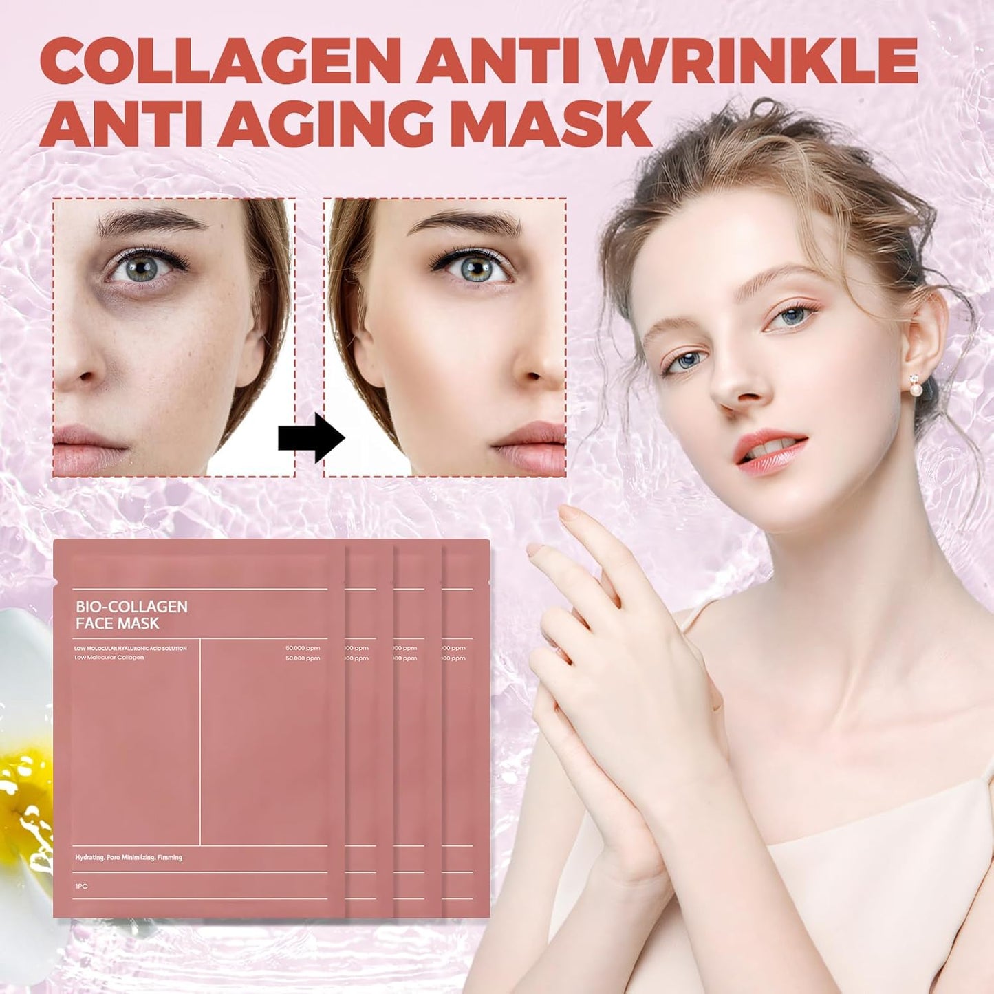 Bio Collagen Mask Korean, Koreanische Gesichtsmaske, Glass Skin Mask, Overnight Collagen, Feuchtigkeitsmaske Gesicht, Feuchtigkeitsspendend, Lifting Und Anti-Aging, 4 Stück