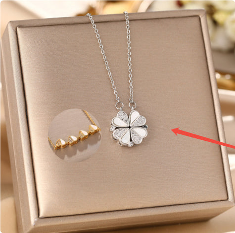 Stainless Steel Clover Necklace - Luxury Crystal Heart Pendant for Women