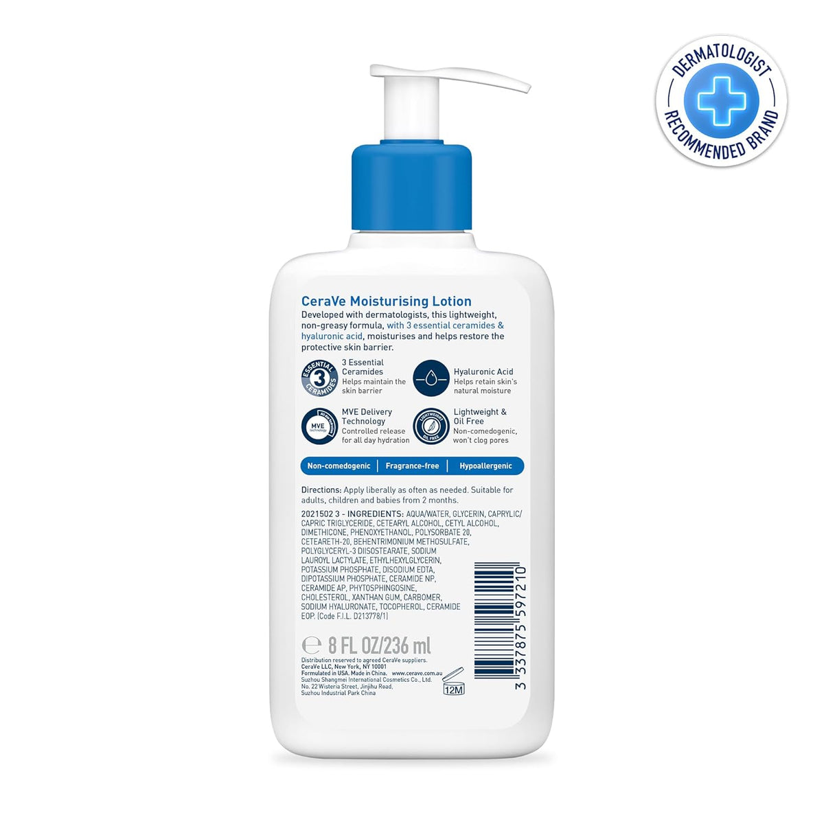 CeraVe Body Lotion with Pump Dispenser, for Dry to Very Dry Skin, Hyaluronic Acid and 3 Essential Ceramides, Suitable for Eczema, 236 ml