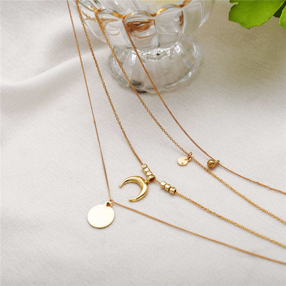 Boho Multi-Layer Moon Necklace - Elegant Gold Wafer Pendant for Women