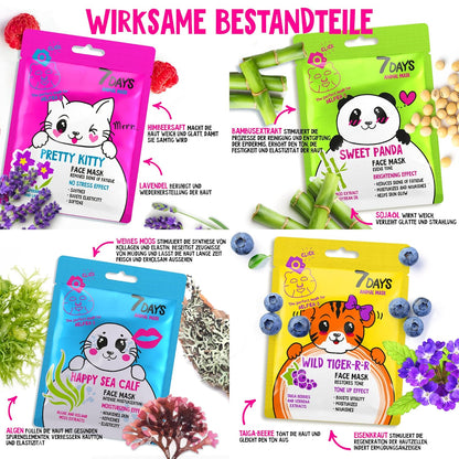 7Days Tuchmasken Gesicht Set Animal Mit Feuchtigkeitsspendend Und Anti-Falten-Wirkung Natürlichen Extrakten Und Vitaminen Beauty Gesichtsmaske Frauen Männer Mädchen Für Korean Skincare 4 Stück