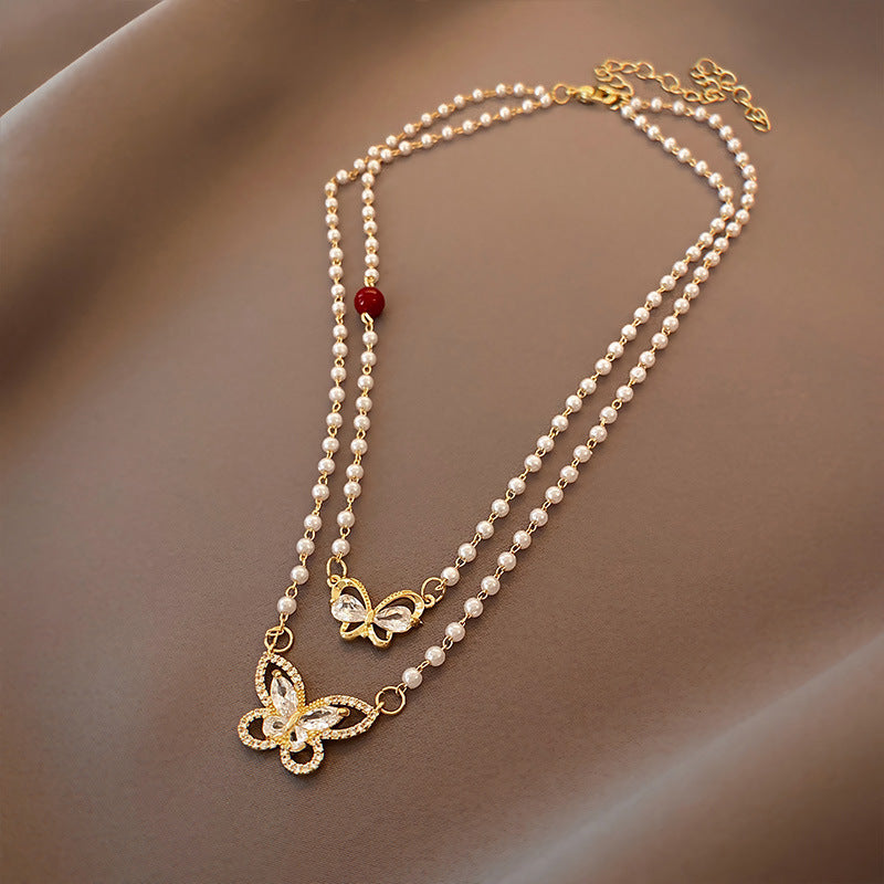 Layered Pearl & Butterfly Pendant - Elegant French Aesthetic Jewelry