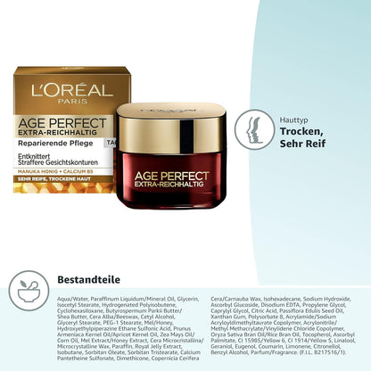 L'Oréal Paris Tagespflege Für Frauen: Für Straffe Haut Und Intensive Pflege Mit Manuka Honig Und Calcium B5, Age Perfect Extra Reichhaltigkeit1X 50Ml