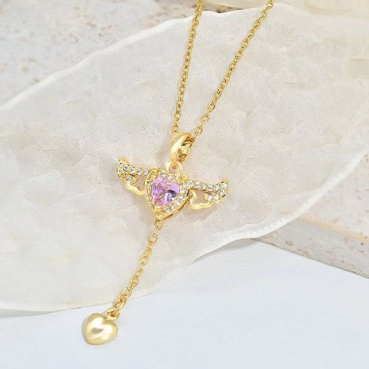 Moving Angel Wings Cupid Necklace - Crystal Heart Tassel Jewelry for Women