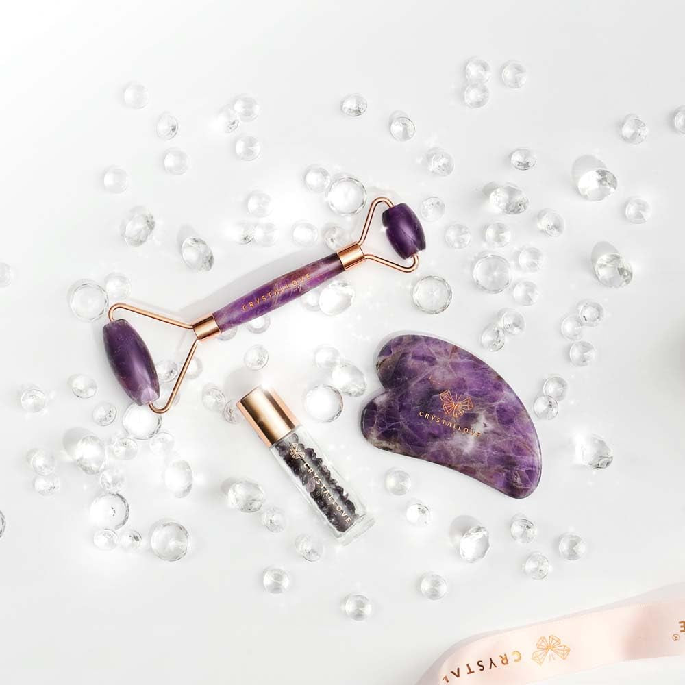 Amethyst Facial Roller Set with Gua Sha Stone and 10ml Aventurine Oil Crystals - Facial Massage Tool for Face and Eyes