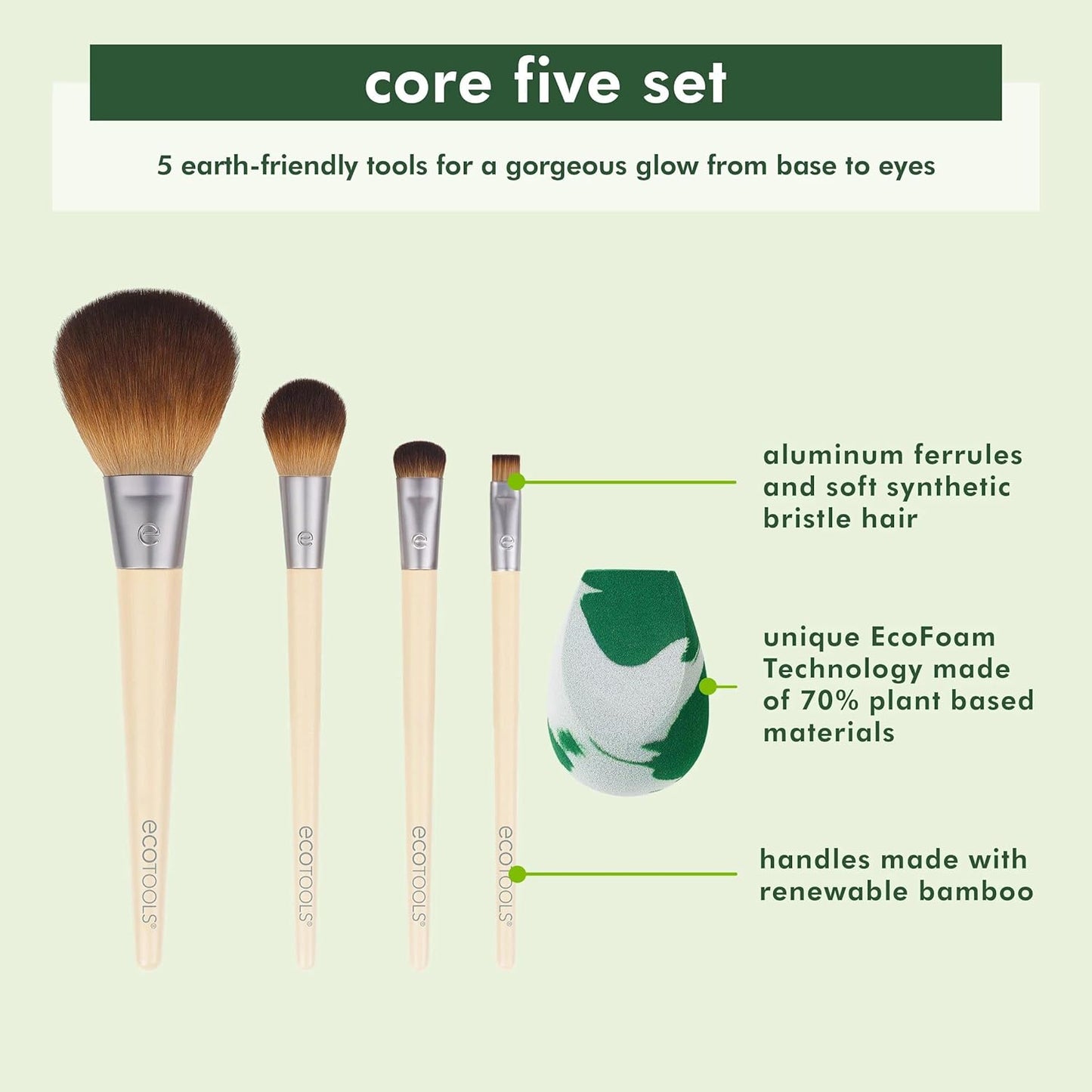 Ecotools Core Five Make-Up-Pinsel- Und Schwamm-Set, Für Lidschatten, Rouge, Bronzer, Eyeliner Und Foundation, Make-Up Blending Schwamm, Pinsel Essentials, 5-Teiliges Set