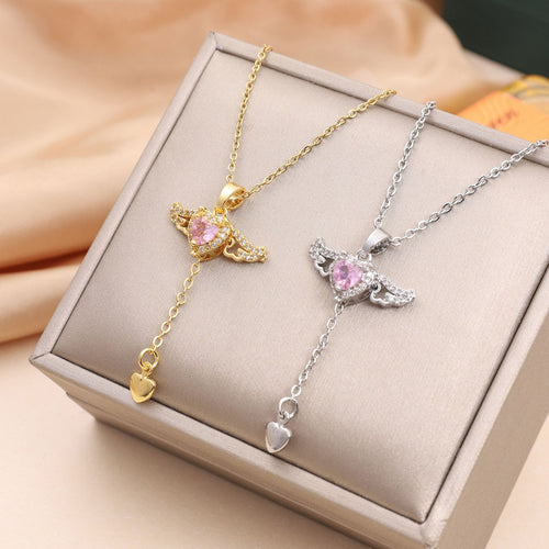 Moving Angel Wings Cupid Necklace - Crystal Heart Tassel Jewelry for Women