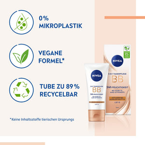 NIVEA 5-in-1 Day Cream BB with 24H Moisture and SPF 15, Tinted Moisturizer for Medium to Dark Skin Types, Featuring Organic Jojoba Oil and Makeup Pigments