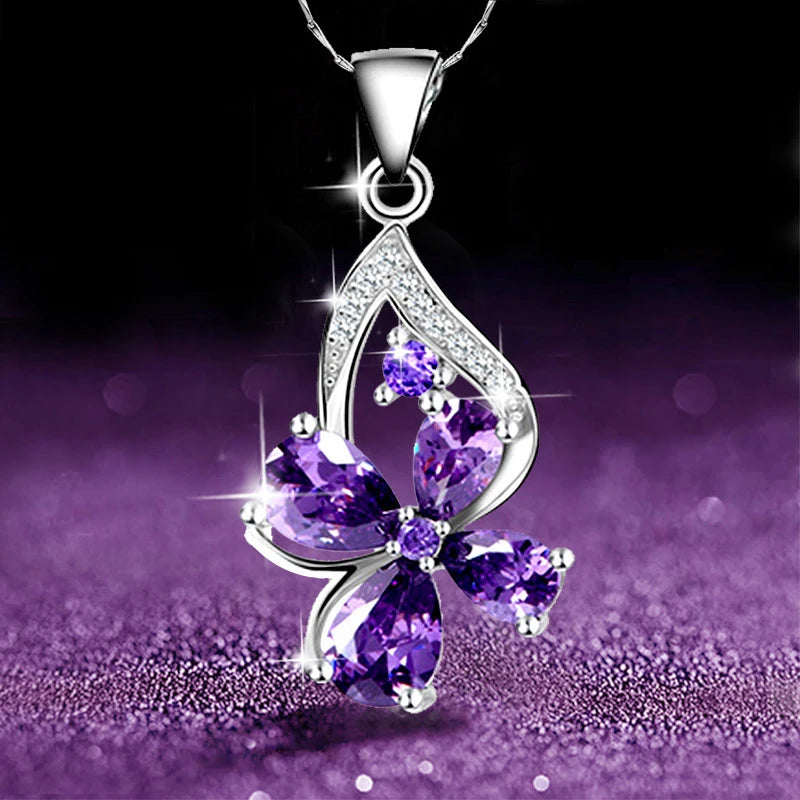 Aesthetic Purple CZ Women'S Necklace Marquise/Square/Water Drop/Flower Pendant Luxury Fashion Female Wedding Jewelry 2021
