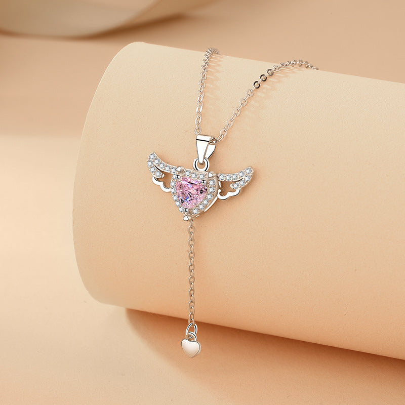 Moving Angel Wings Cupid Necklace - Crystal Heart Tassel Jewelry for Women