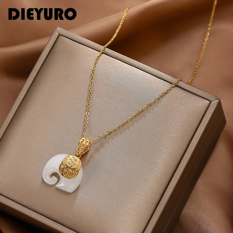 316L Stainless Steel Jade Elephant High Quality Pendant Necklace Woman Fashion Elegant Jewelry Accessories Gift for Mom