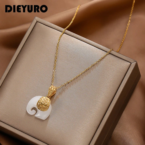 316L Stainless Steel Jade Elephant High Quality Pendant Necklace Woman Fashion Elegant Jewelry Accessories Gift for Mom