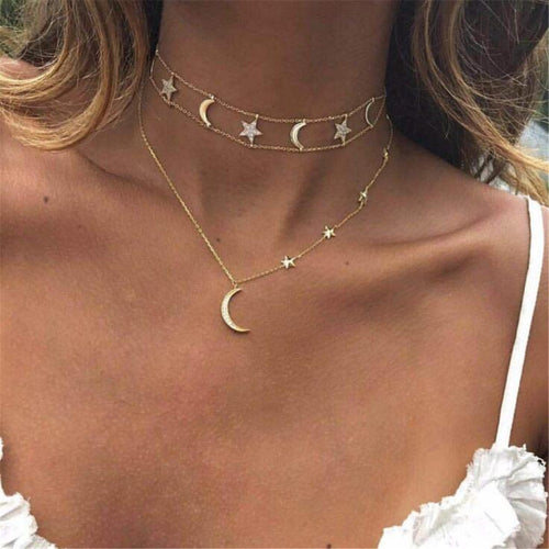 Multi-Layer Star and Moon Necklace - Full Diamond Sparkle Pendant for Women