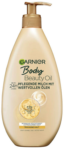 Garnier Nourishing Oil Milk Body Oil with 4 Precious Oils: Argan, Macadamia, Almond, Rose, for Dry Skin - Non-Greasy, Non-Sticky, Oil Beauty, 1 Pack - 400ml