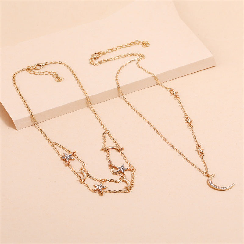 Multi-Layer Star and Moon Necklace - Full Diamond Sparkle Pendant for Women