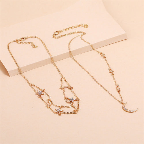 Multi-Layer Star and Moon Necklace - Full Diamond Sparkle Pendant for Women