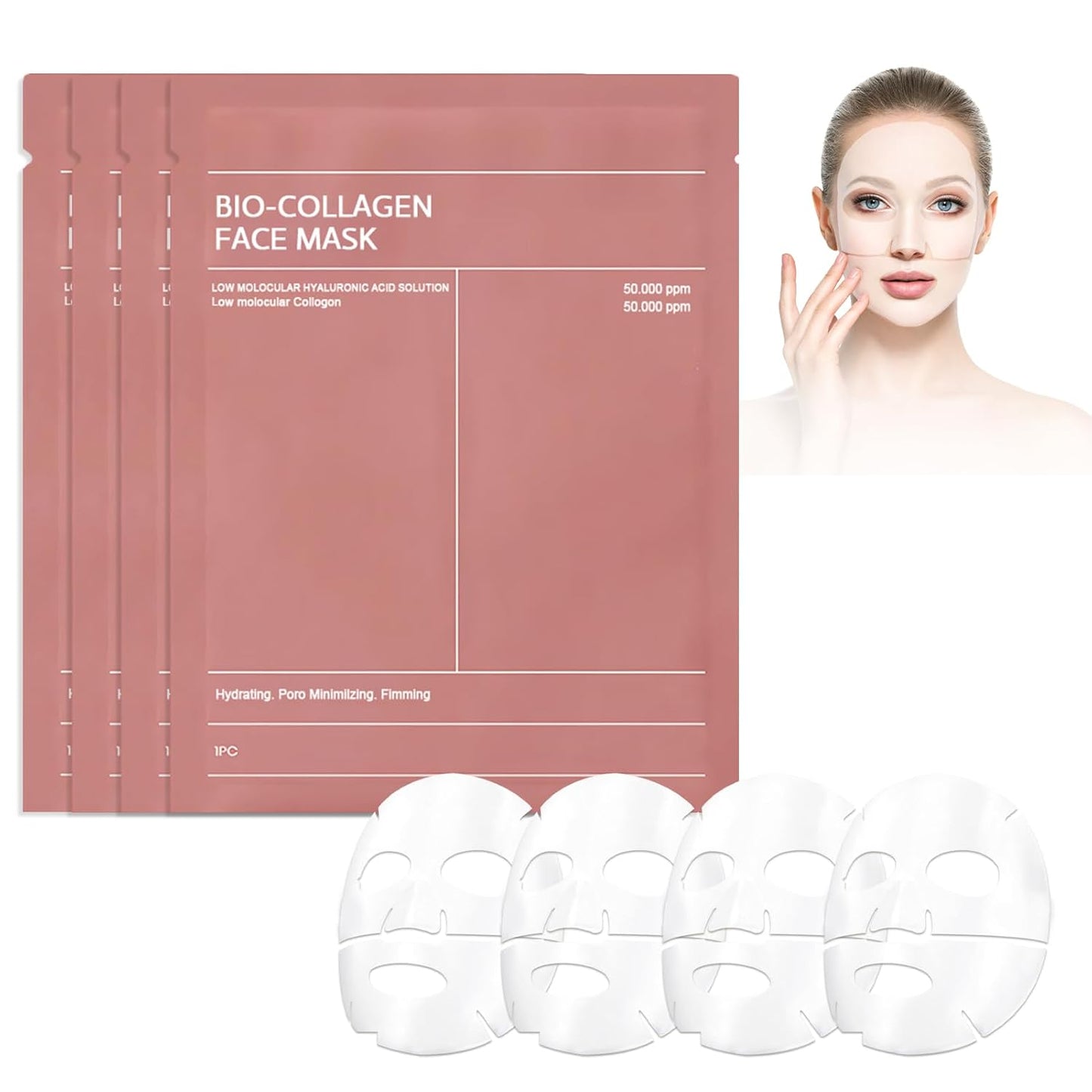 Bio Collagen Mask Korean, Koreanische Gesichtsmaske, Glass Skin Mask, Overnight Collagen, Feuchtigkeitsmaske Gesicht, Feuchtigkeitsspendend, Lifting Und Anti-Aging, 4 Stück